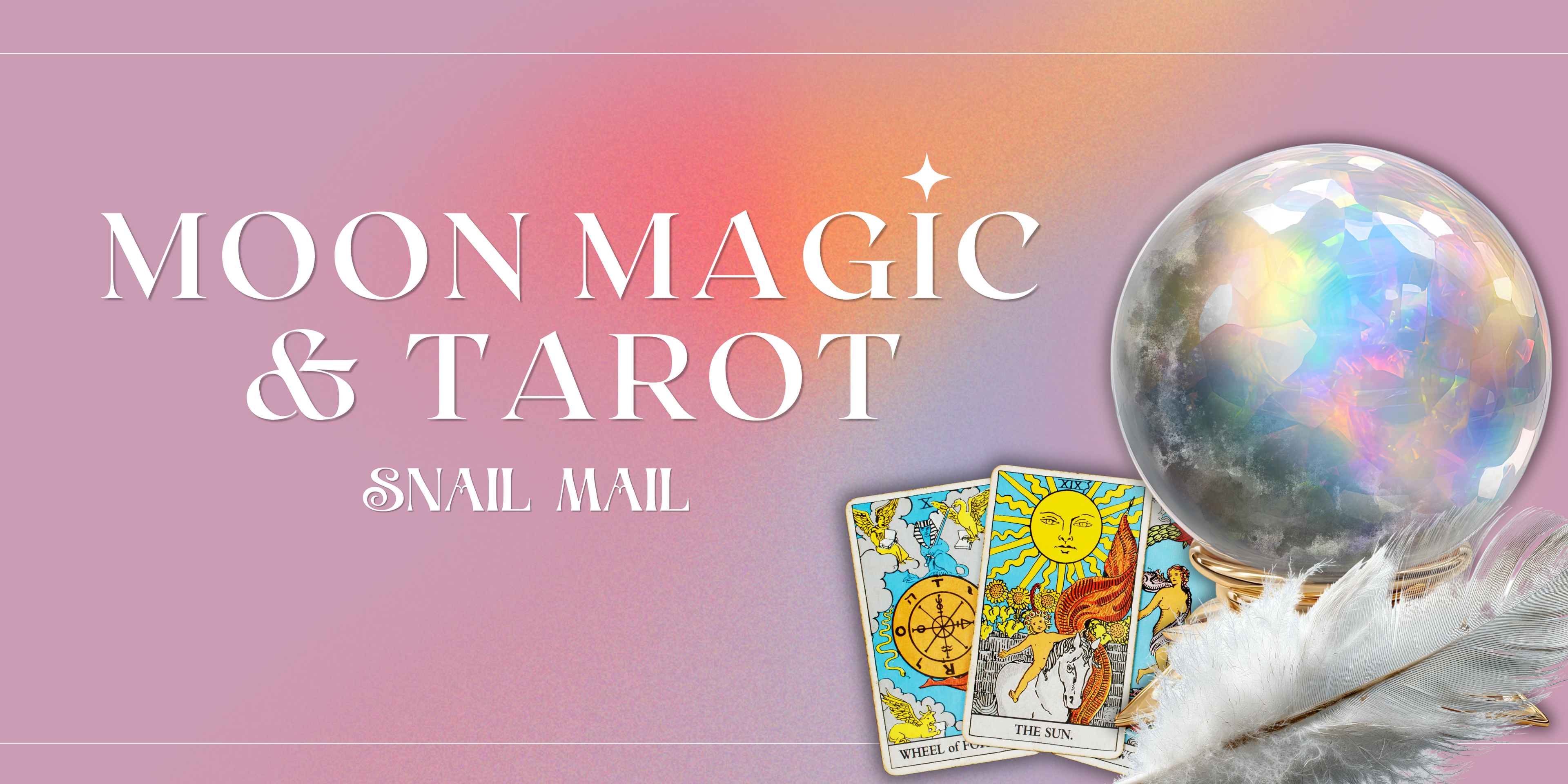 Circular pink mystical design featuring tarot cards, moon crystal orb, envelope, and celestial elements with the text “Moon Magic & Tarot Snail Mail”